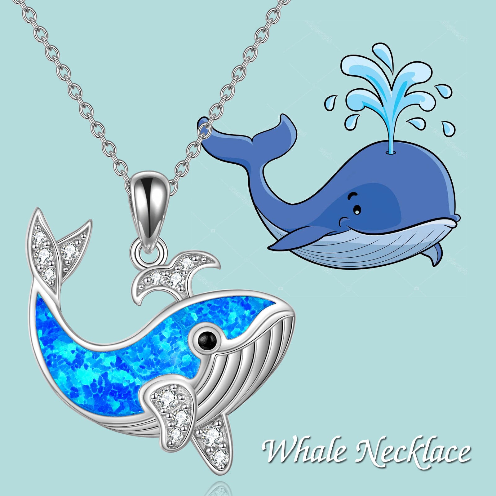 Sterling Silver Cubic Zirconia & Opal Whale Pendant Necklace