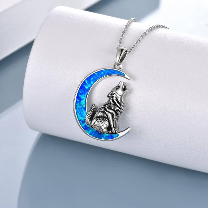 Sterling Silver Opal Wolf & Moon Pendant Necklace