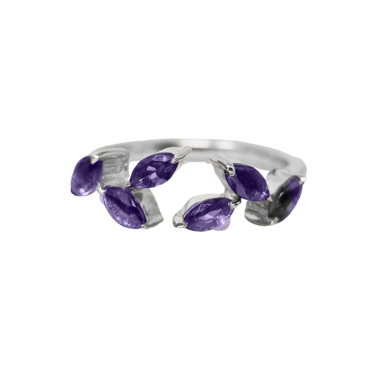 Sterling Silver Open Leaf Ring With Amethyst Gemstones