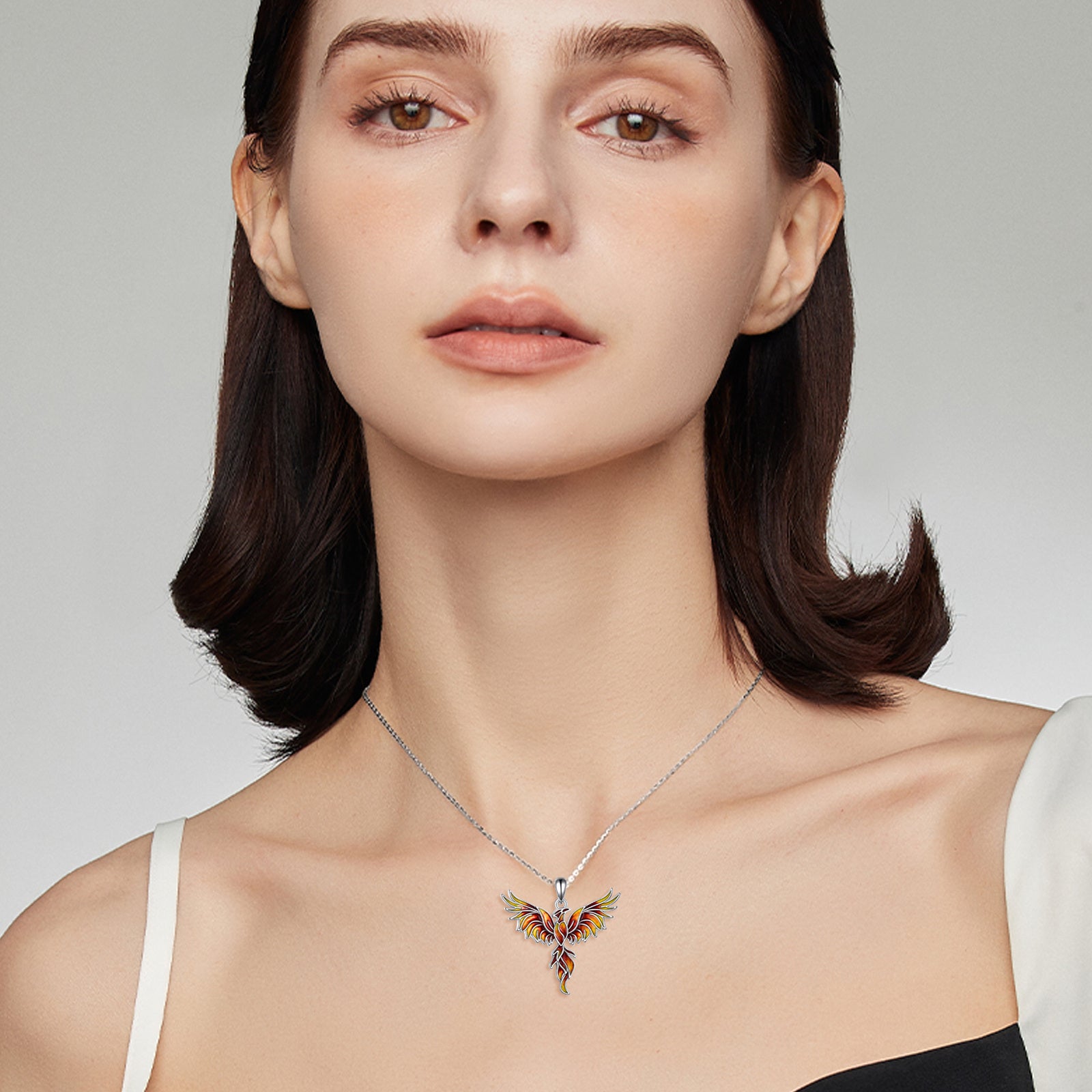 Sterling Silver Orange Glazed Phoenix Pendant Necklace