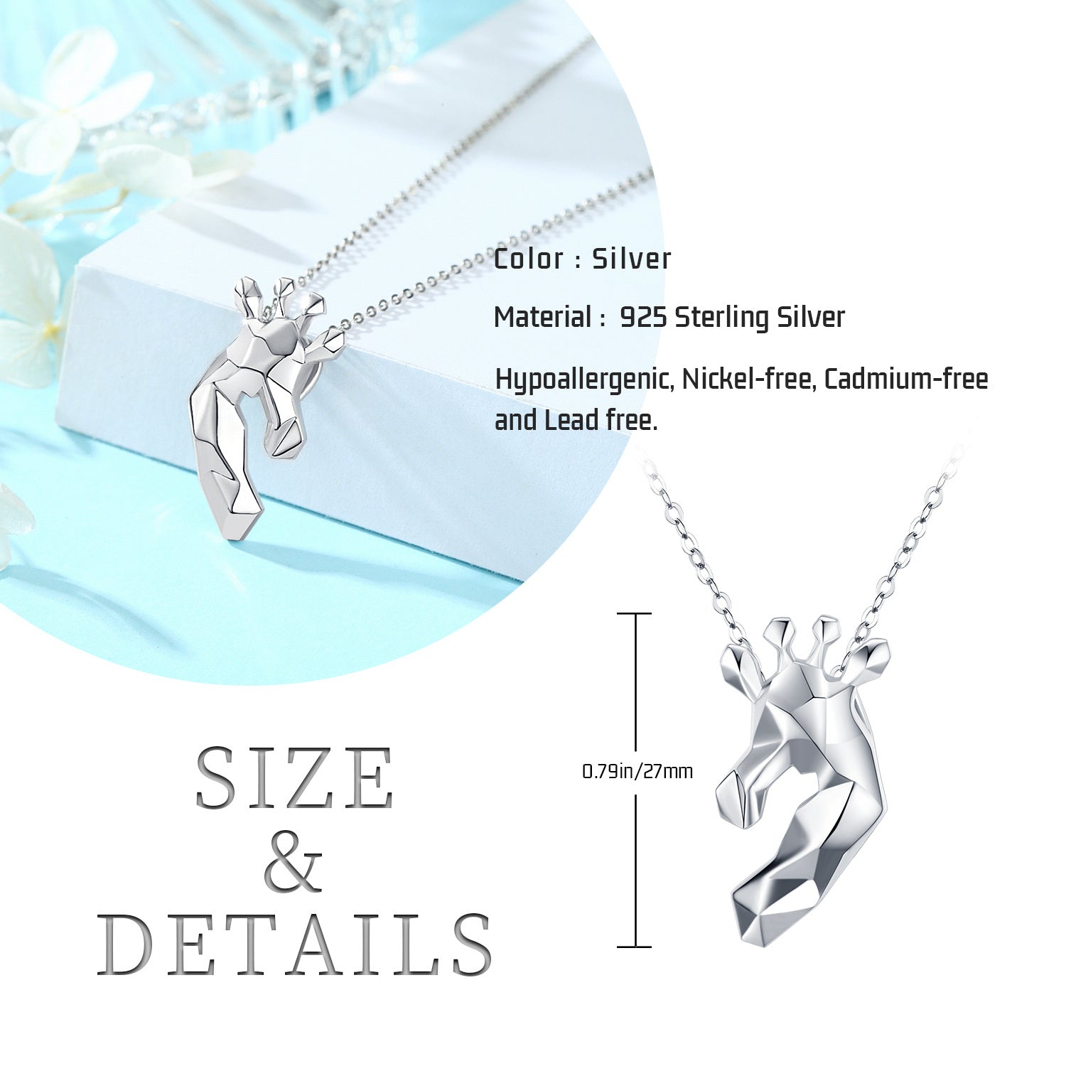 Sterling Silver Origami Giraffe Pendant Necklace