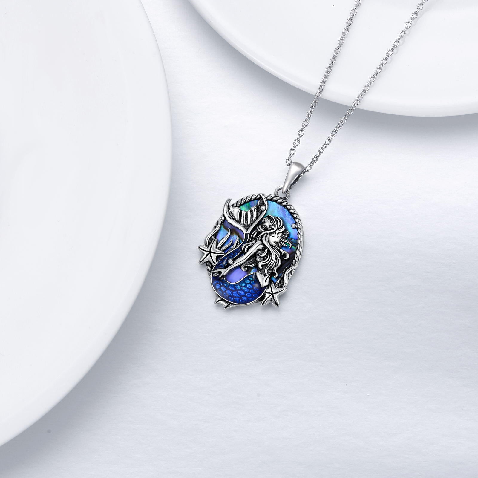 Sterling Silver Oval Abalone Shellfish Mermaid Pendant Necklace
