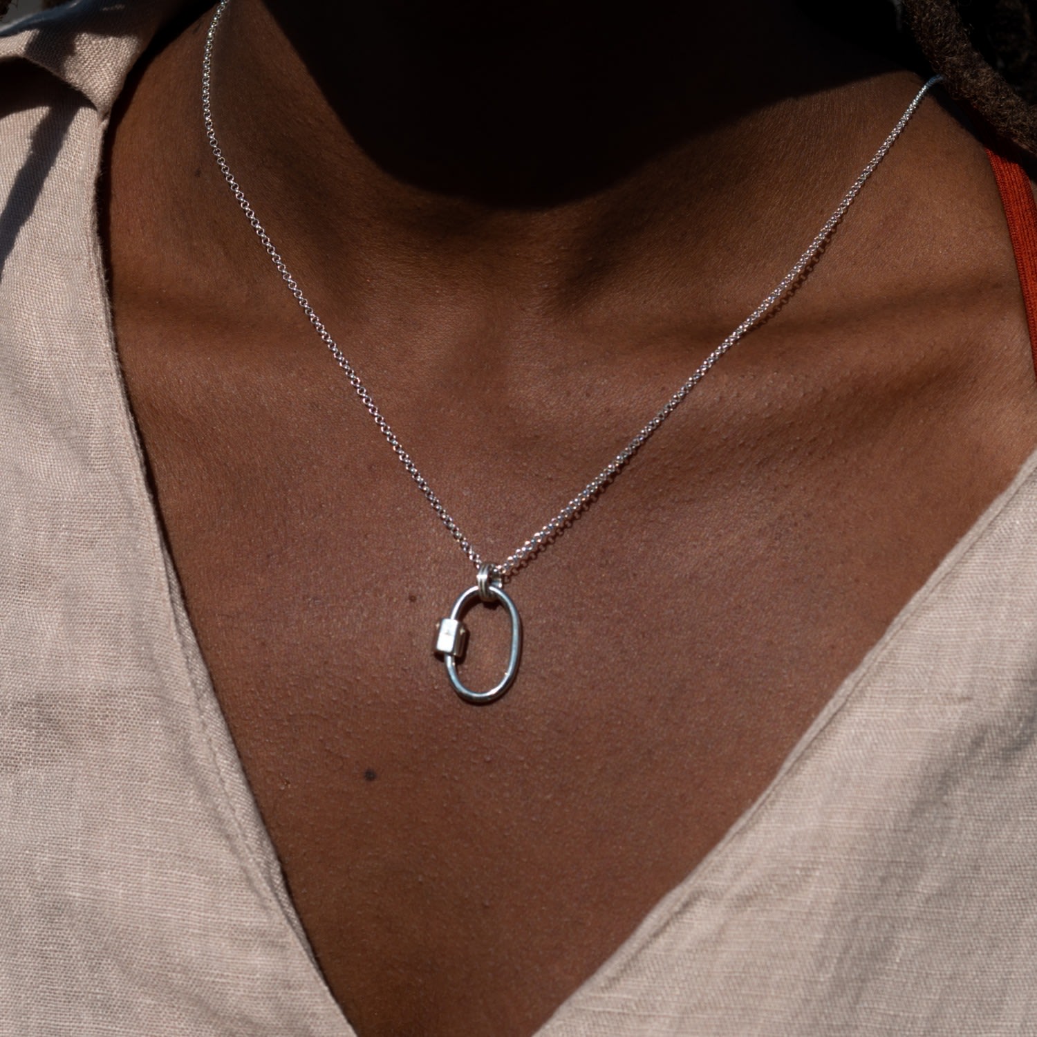 Sterling Silver Oval Carabiner Charm Collector Necklace