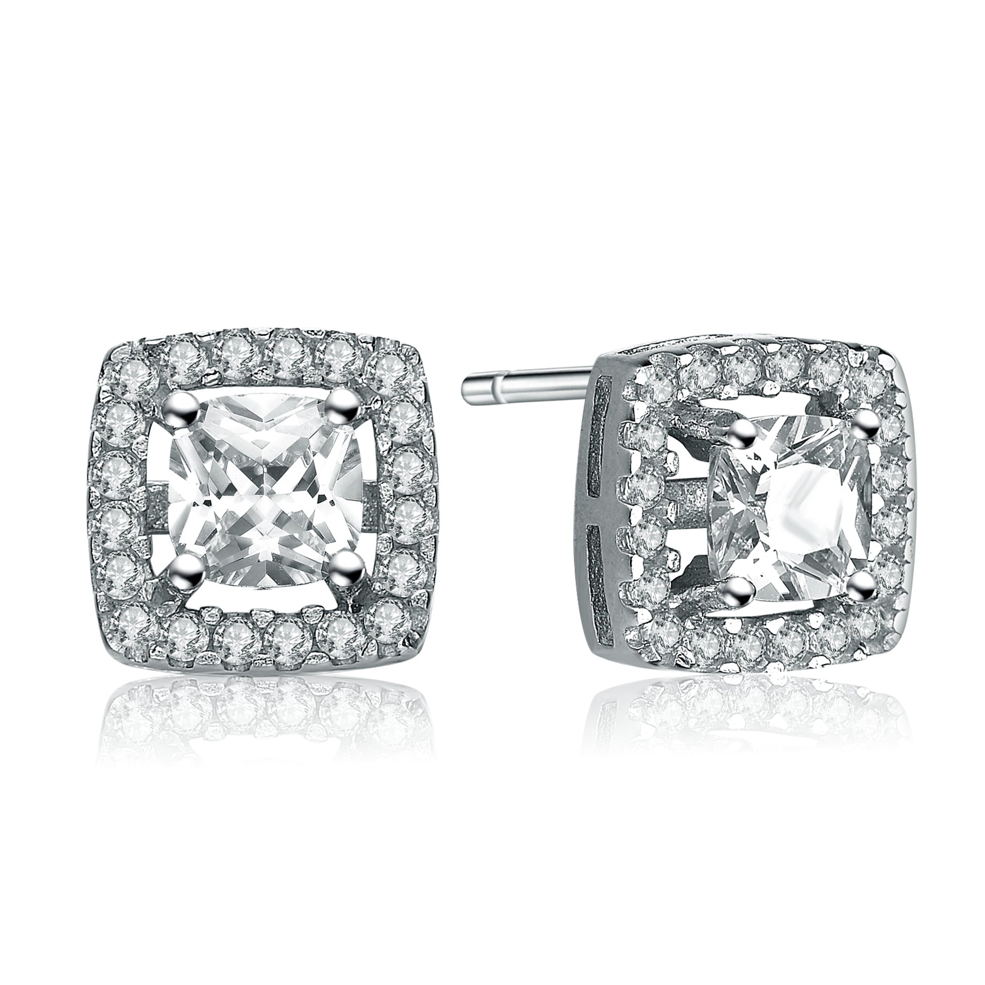 Sterling Silver Oval Cubic Zirconia Solitaire With Square Halo Earrings