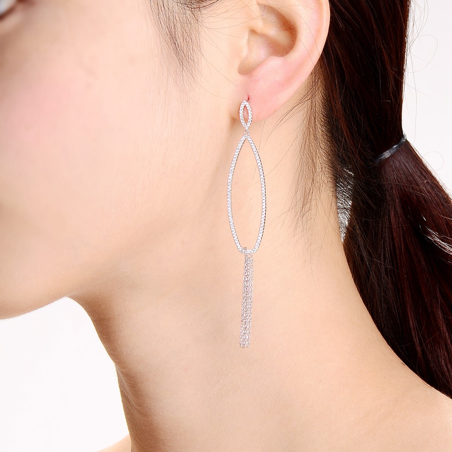 Sterling Silver Oval Cubic Zirconia Tassel Earrings