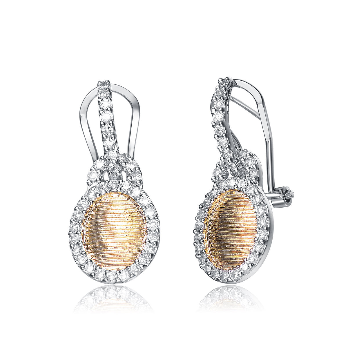 Sterling Silver Oval Gold Color Plating White Cubic Zirconia Earrings