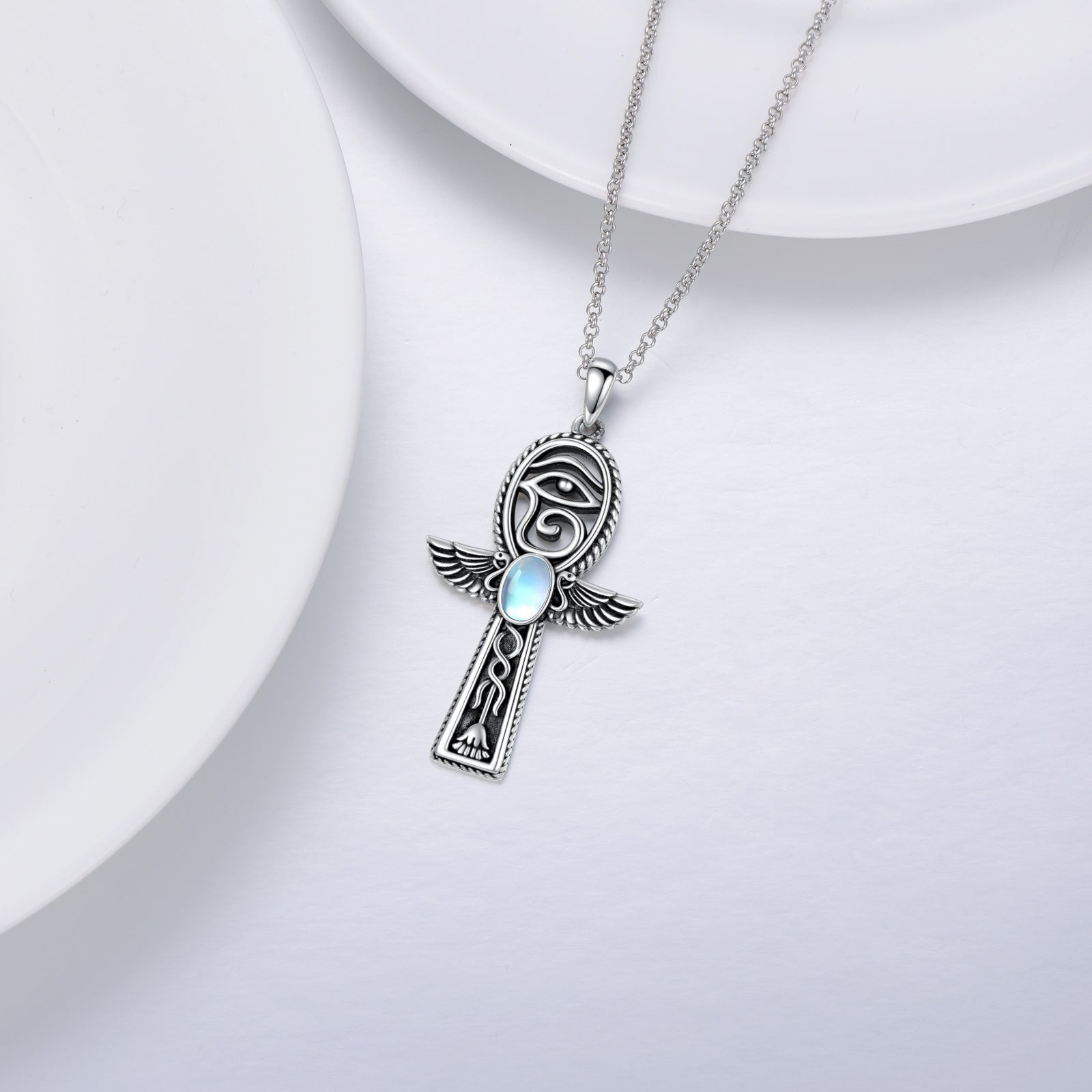 Sterling Silver Oval Moonstone Ankh & Eye Of Horus Pendant Necklace