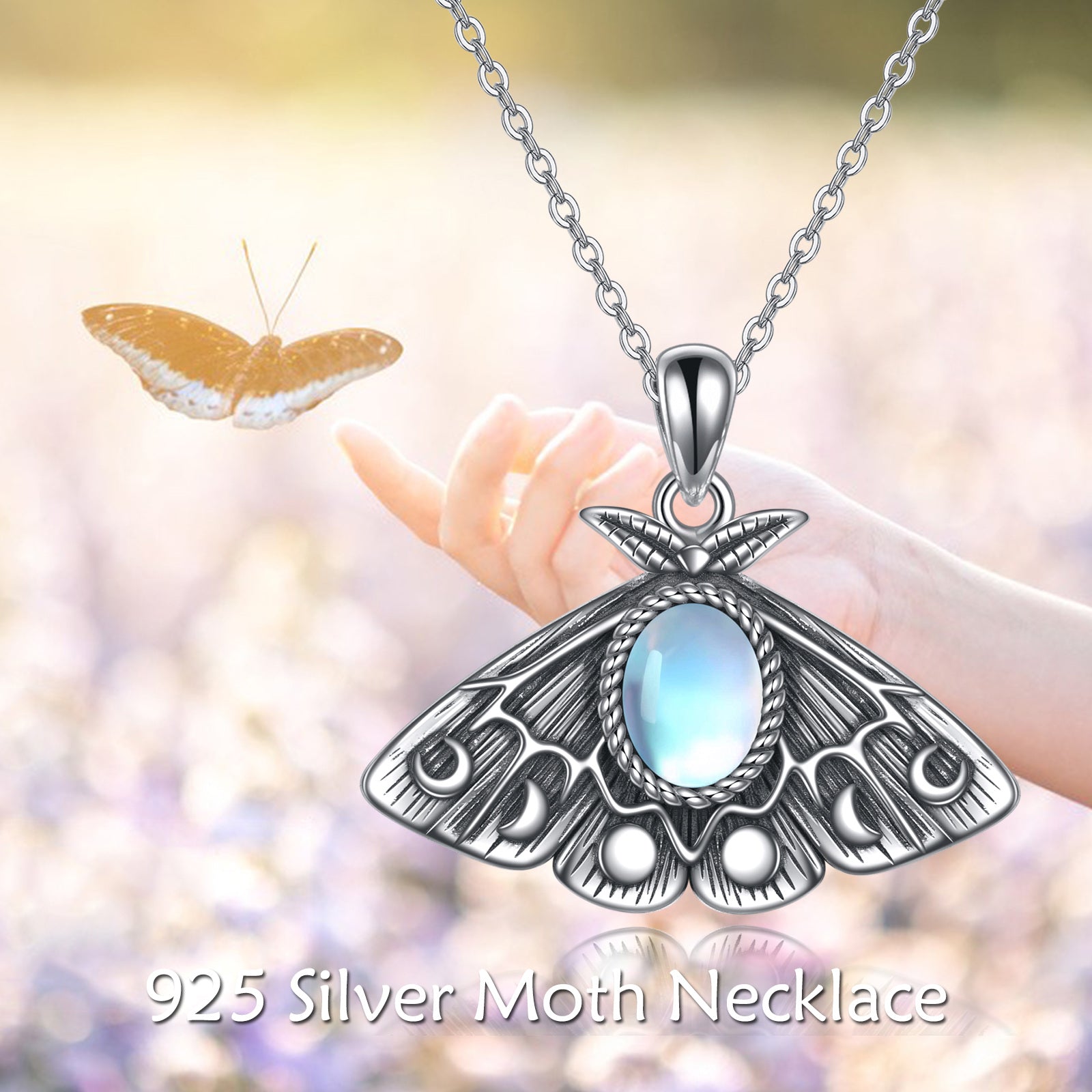 Sterling Silver Oval Moonstone Moth Pendant Necklace