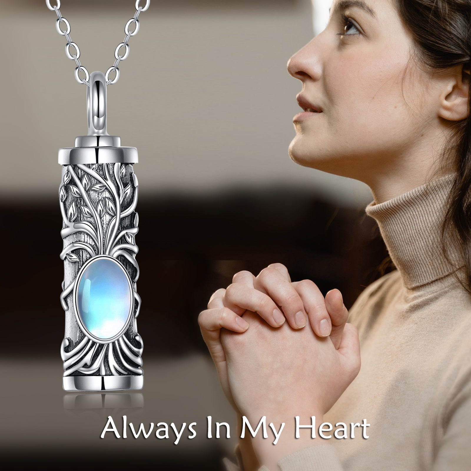 Sterling Silver Oval Moonstone Tree Of Life Urn Necklace for Ashes