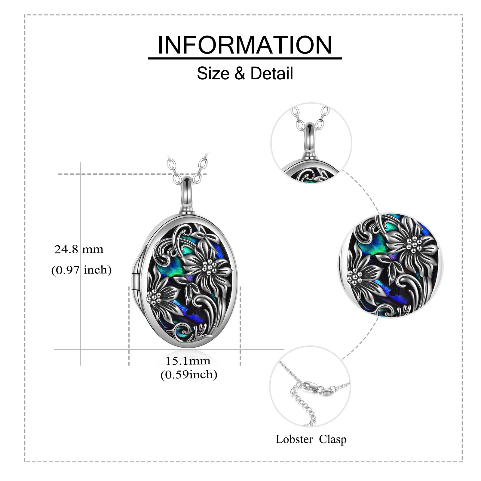 Sterling Silver Oval Shaped Abalone Shellfish Sunflower Urn Necklace for Ashes with Engraved Word