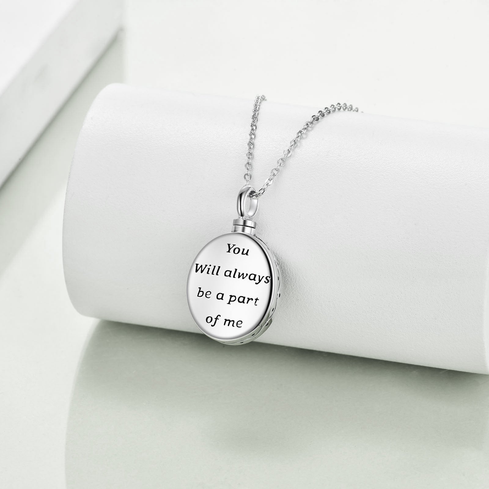 Sterling Silver Oval Shaped Abalone Shellfish Tree Of Life Urn Necklace for Ashes with Engraved Word