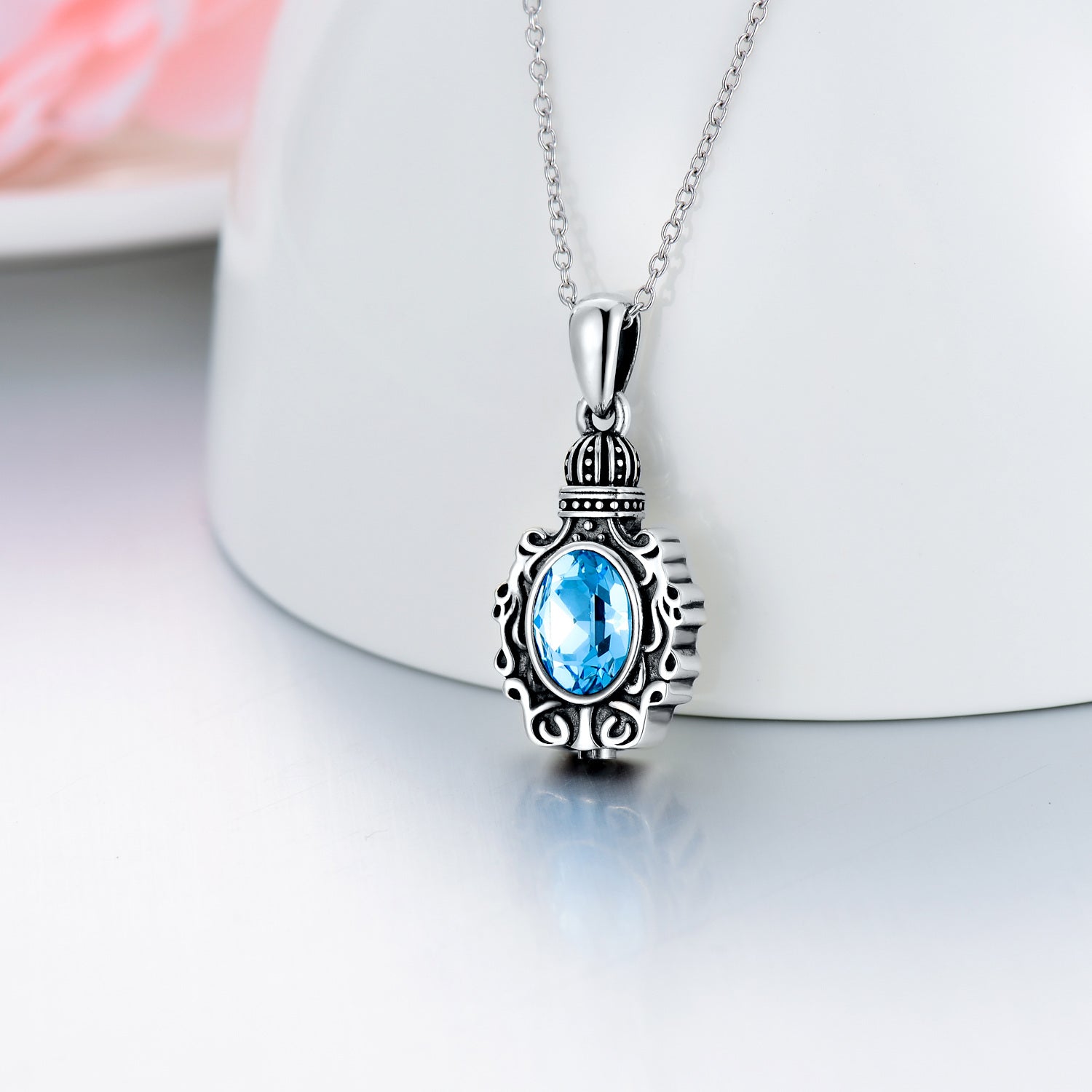 Sterling Silver Oval Shaped Crystal Castle Urn Necklace for Ashes