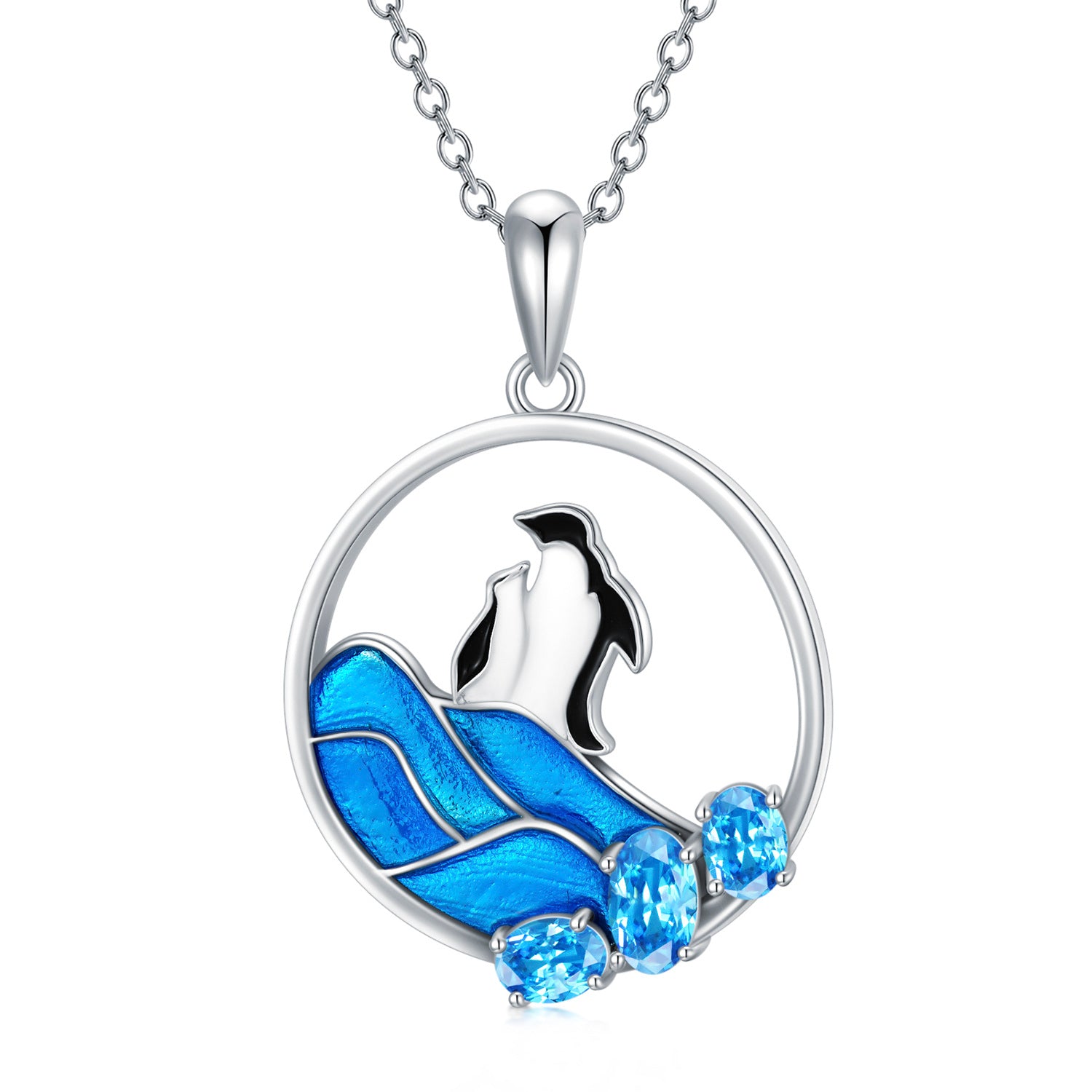 Sterling Silver Oval Shaped Crystal Penguin Pendant Necklace