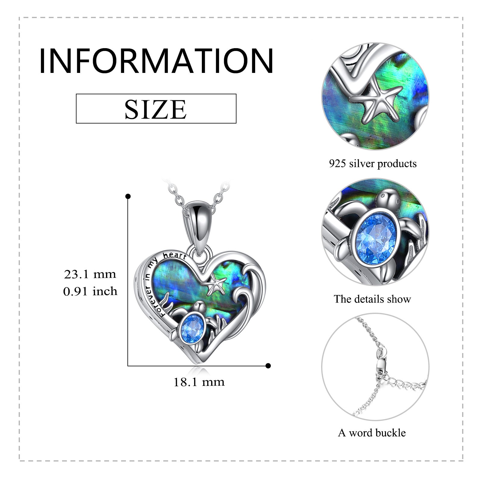 Sterling Silver Heart Abalone Shellfish With Crystal Sea Turtle & Starfish Urn Necklace For Ashes