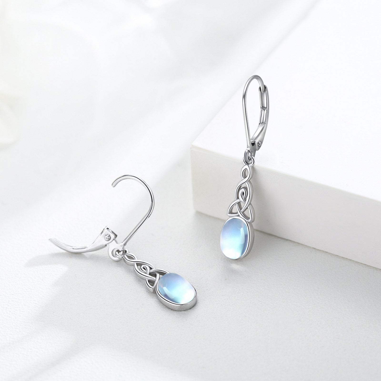 Sterling Silver Oval Shaped Moonstone Celtic Knot Lever-back Earrings