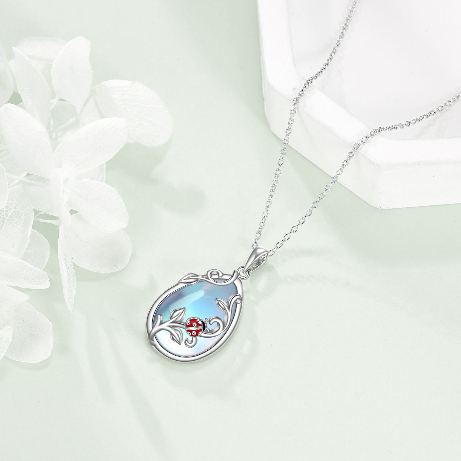 Sterling Silver Oval Shaped Moonstone Ladybug Pendant Necklace