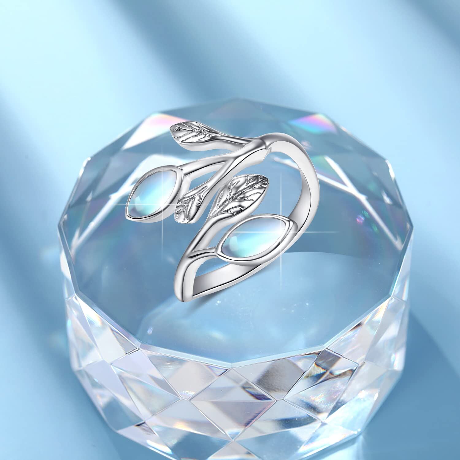 Sterling Silver Oval Shaped Moonstone Leaves & Olive Branch Open Ring