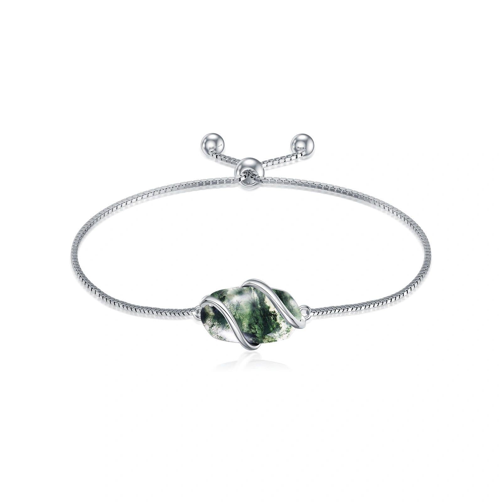 Sterling Silver Oval Shaped Moss Agate Charm Bracelet