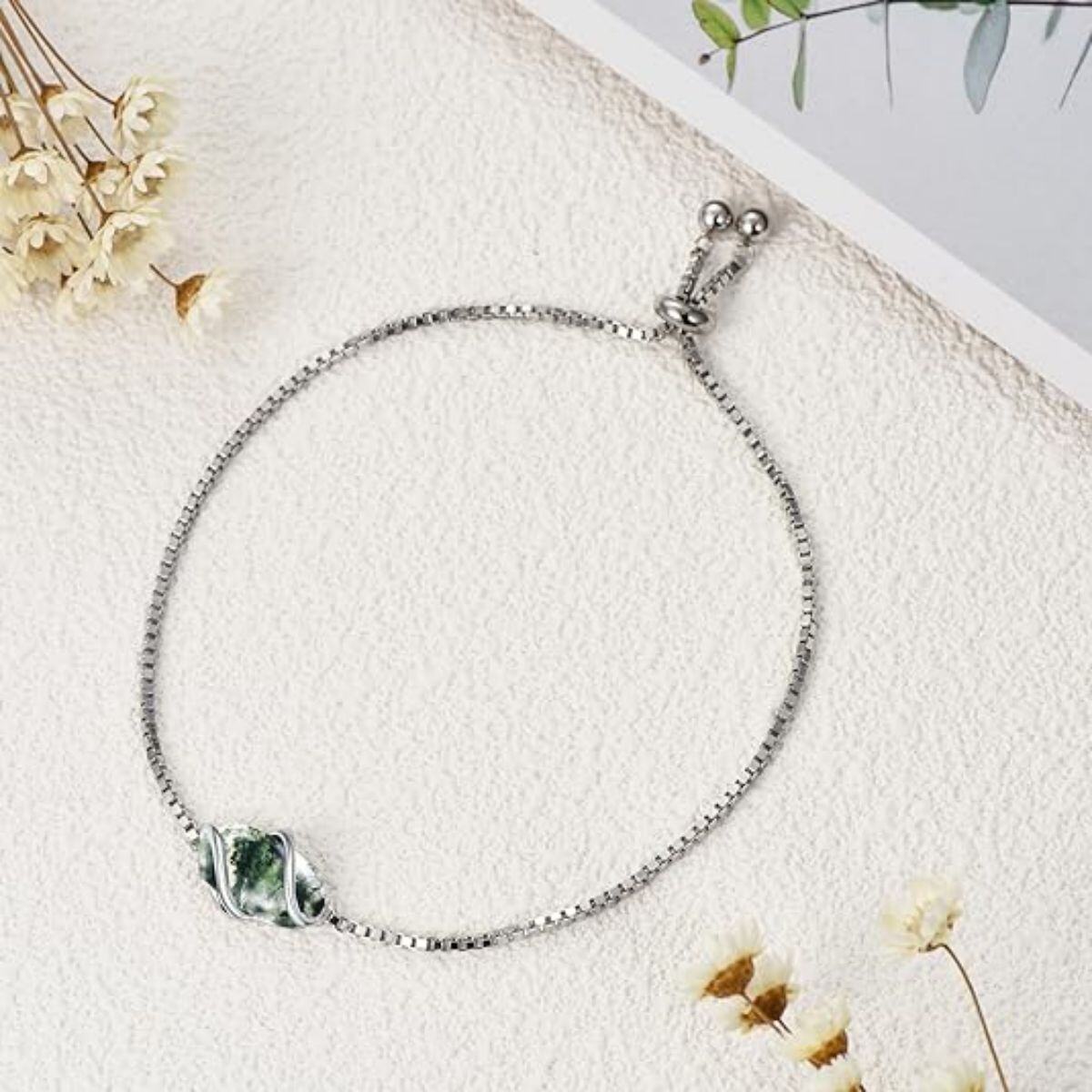 Sterling Silver Oval Shaped Moss Agate Charm Bracelet