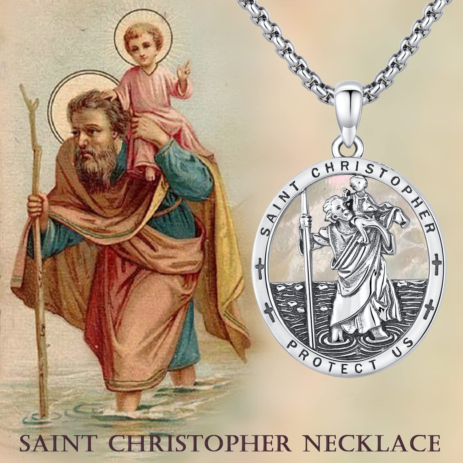 Sterling Silver Oval Shaped Mother Of Pearl Saint Christopher Pendant Necklace with Engraved Word