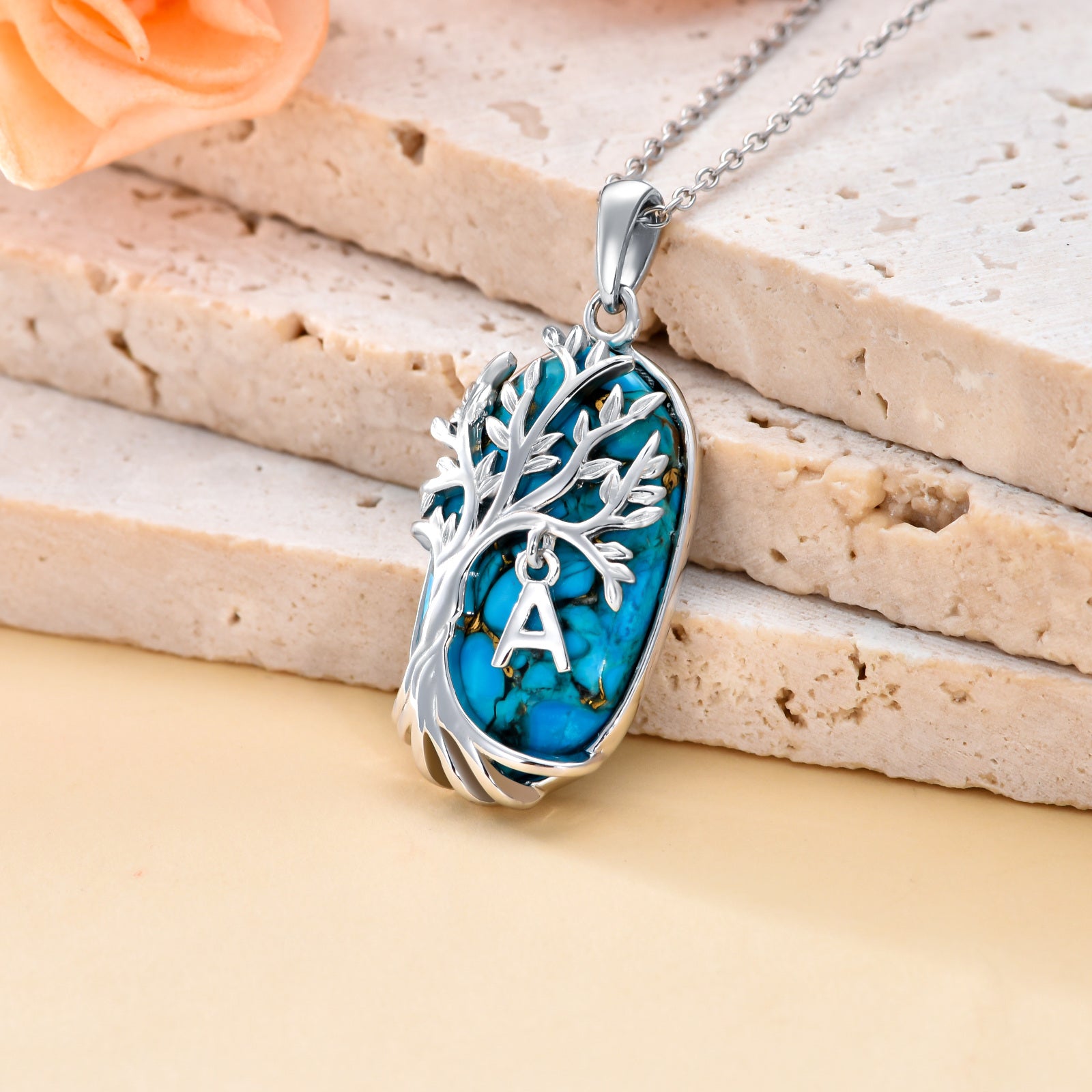 Sterling Silver Oval Shaped Turquoise Tree Of Life Pendant Necklace with Initial Letter A