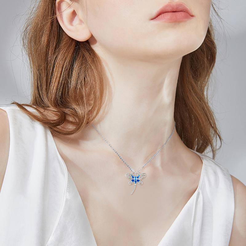 Sterling Silver Oval Shaped Zircon Dragonfly Pendant Necklace