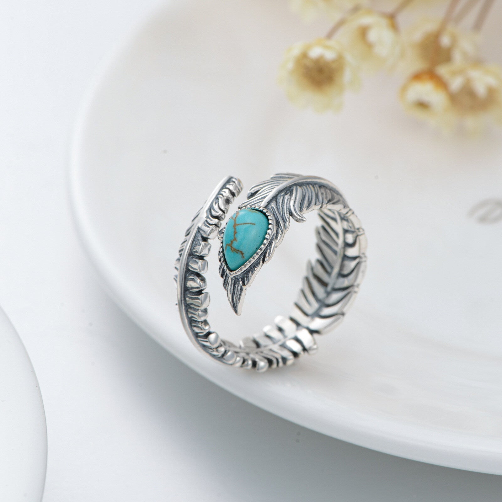Sterling Silver Oval Turquoise Feather Ring with Engraved Word