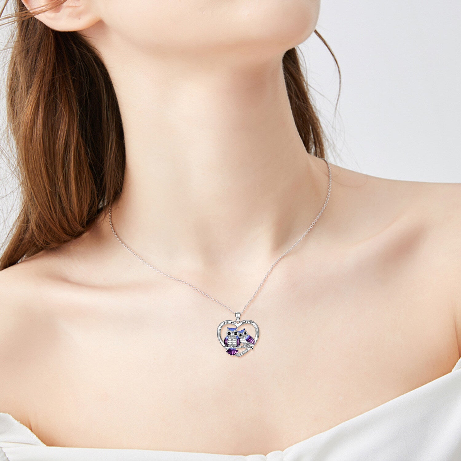 Sterling Silver Owl & Heart Pendant Necklace with Engraved Word