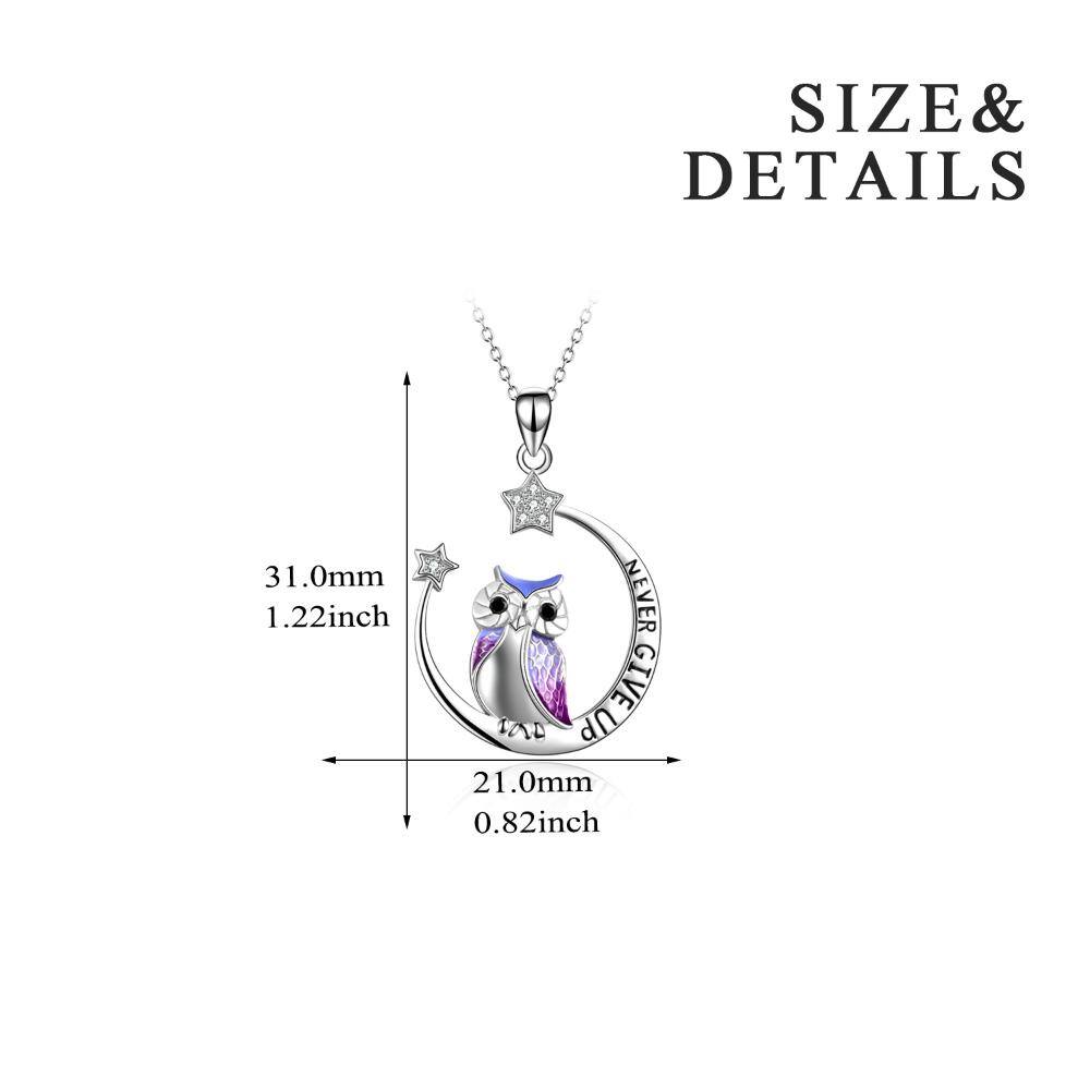 Sterling Silver Cubic Zirconia Owl & Moon Pendant Necklace with Engraved Word