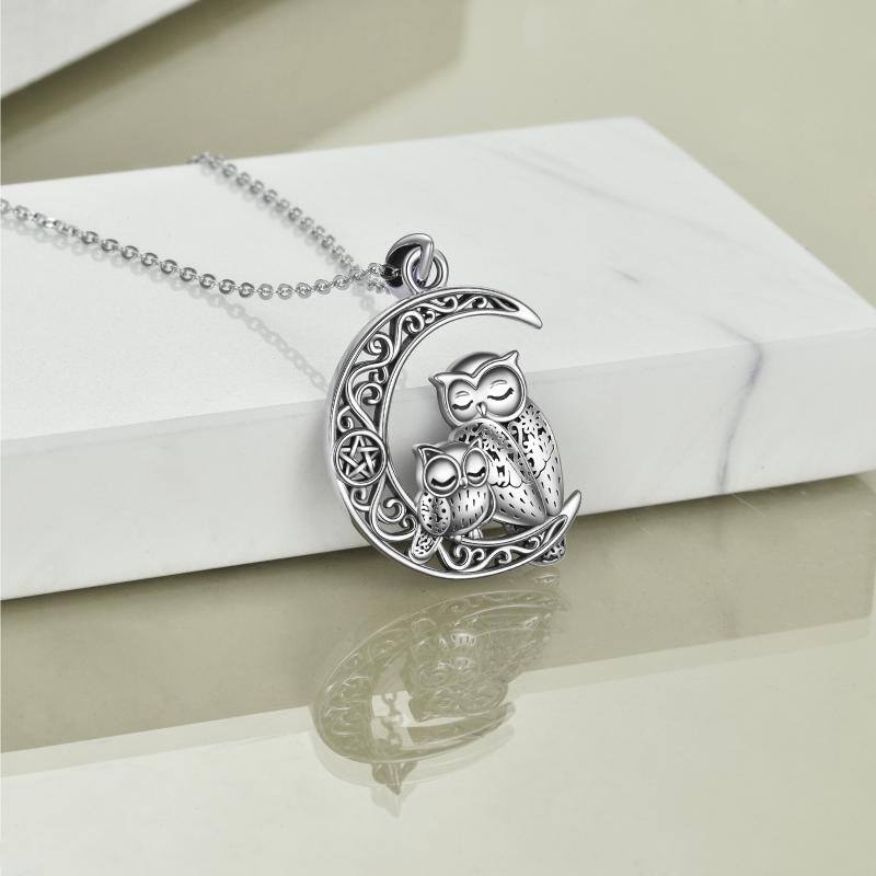Sterling Silver Owl & Moon With Pentagram Pendant Necklace For Women