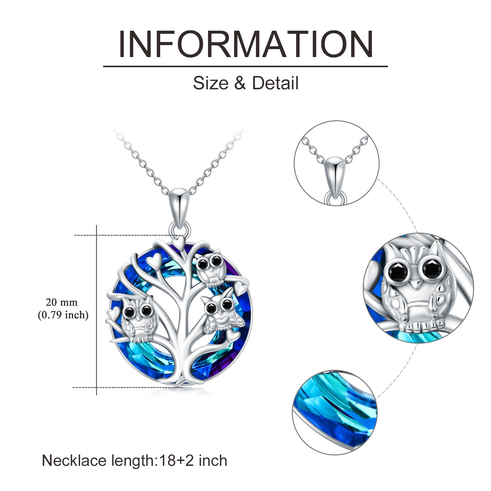 Sterling Silver Owl on Tree Of Life Blue Crystal Pendant Necklace