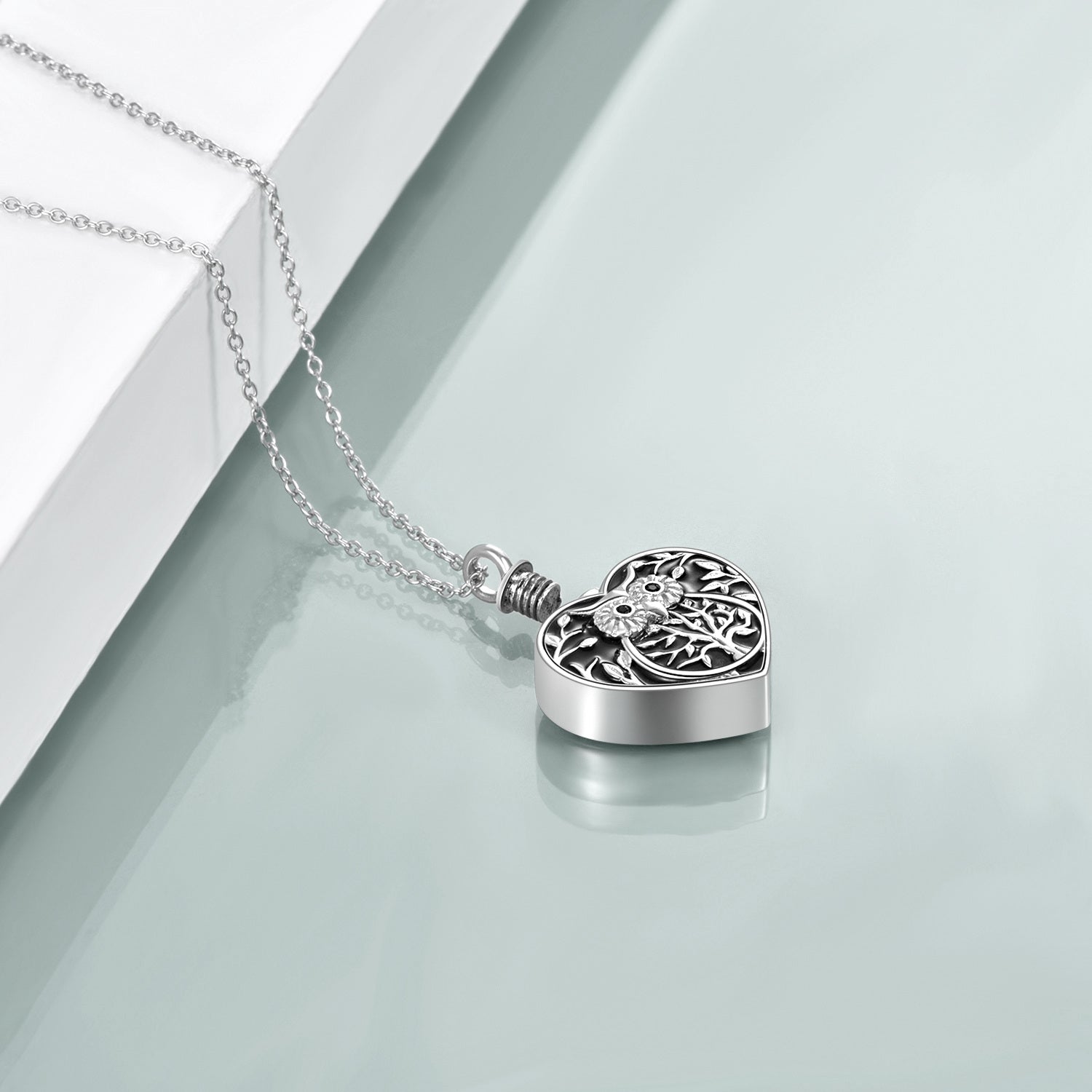 Sterling Silver Owl With Tree Of Life With Heart Urn Necklace For Ashes With Engraved Word For Women Best Friend