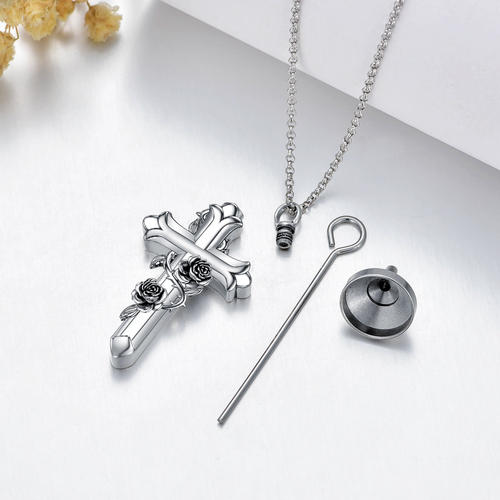 Sterling Silver Oxidized Rose & Cross Urn Necklace for Ashes