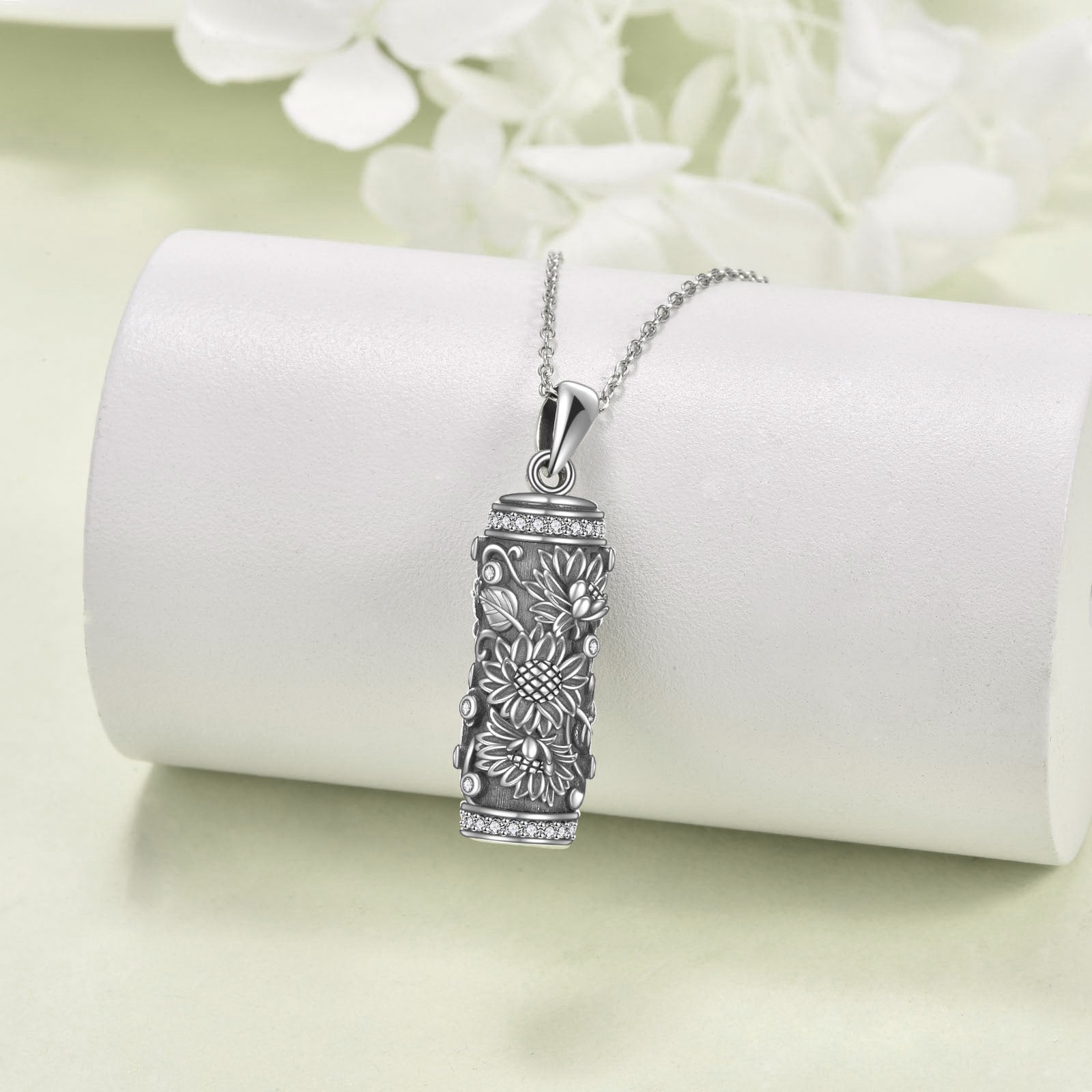 Sterling Silver Oxidized Round Zircon Sunflower Urn Necklace for Ashes