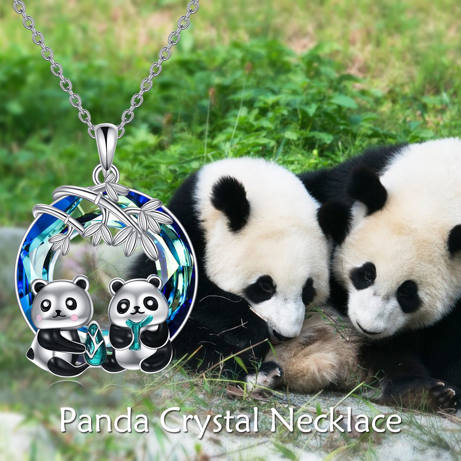 Sterling Silver Panda & Bamboo Crystal Pendant Necklace