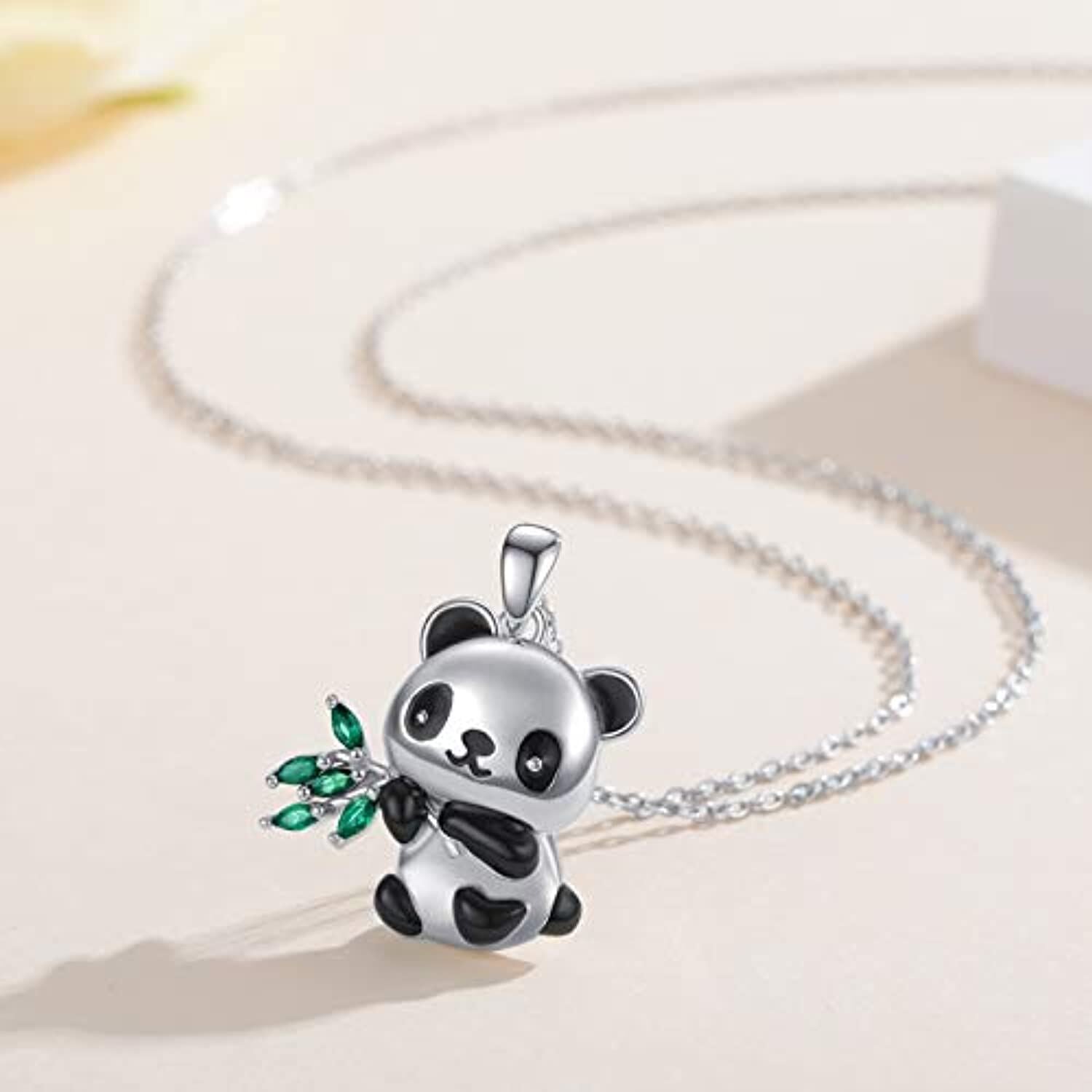 Sterling Silver Cubic Zirconia Panda & Bamboo Pendant Necklace