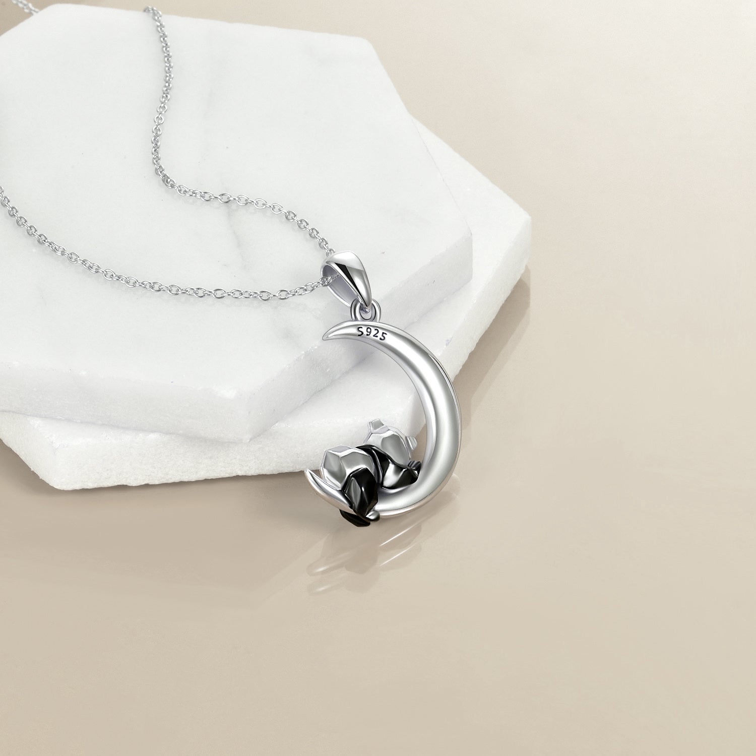 Sterling Silver Panda & Moon Pendant Necklace with Engraved Word