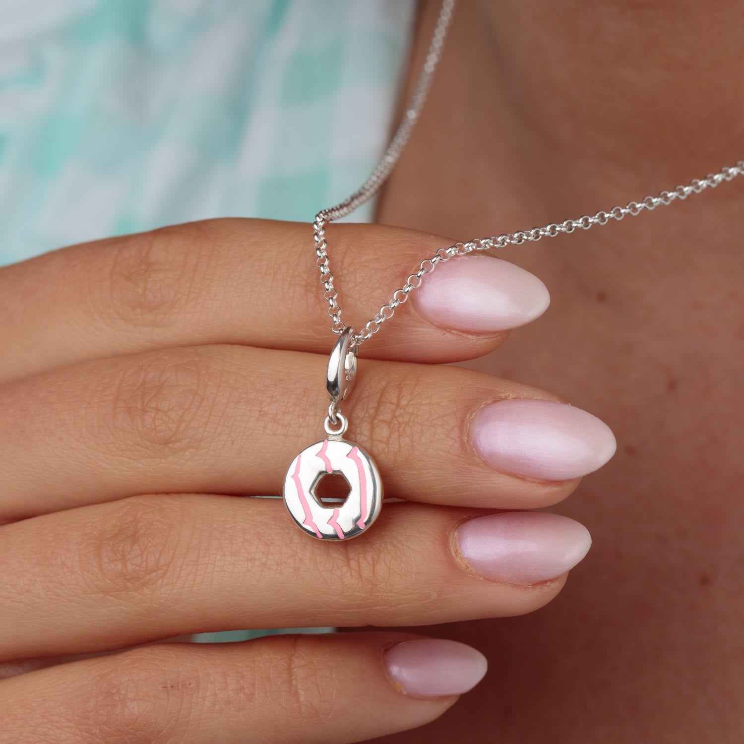 Sterling Silver Party Ring Charm Necklace With Pink Enamel - Biscuit Necklace
