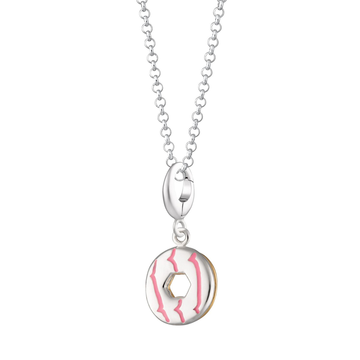 Sterling Silver Party Ring Charm Necklace With Pink Enamel - Biscuit Necklace