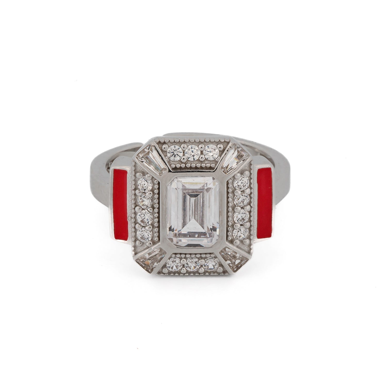 Pave Diamond & Red Enamel Sterling Silver Adjustable Statement Ring - Red