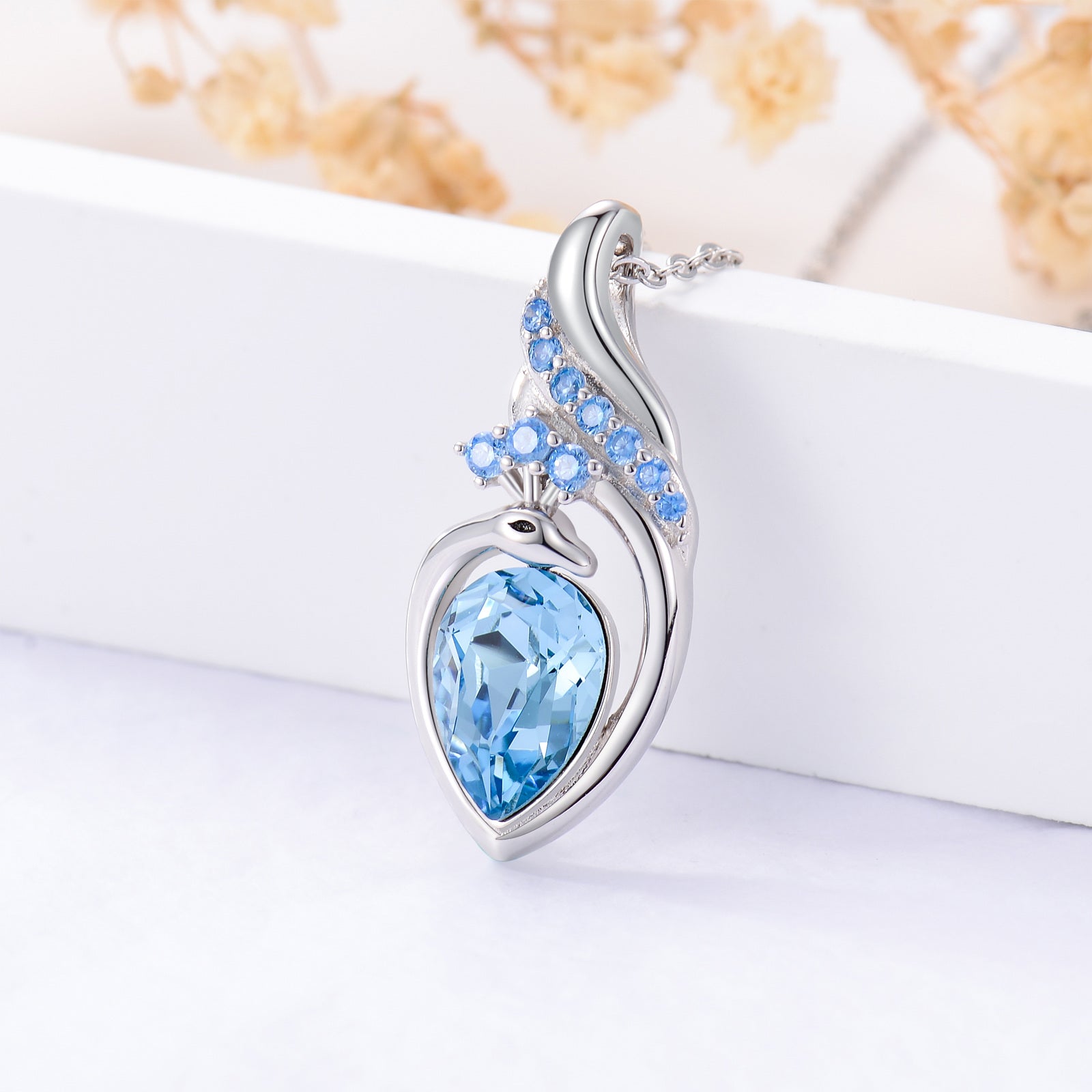 Sterling Silver Peacock Heart Blue Crystal Pendant Necklace