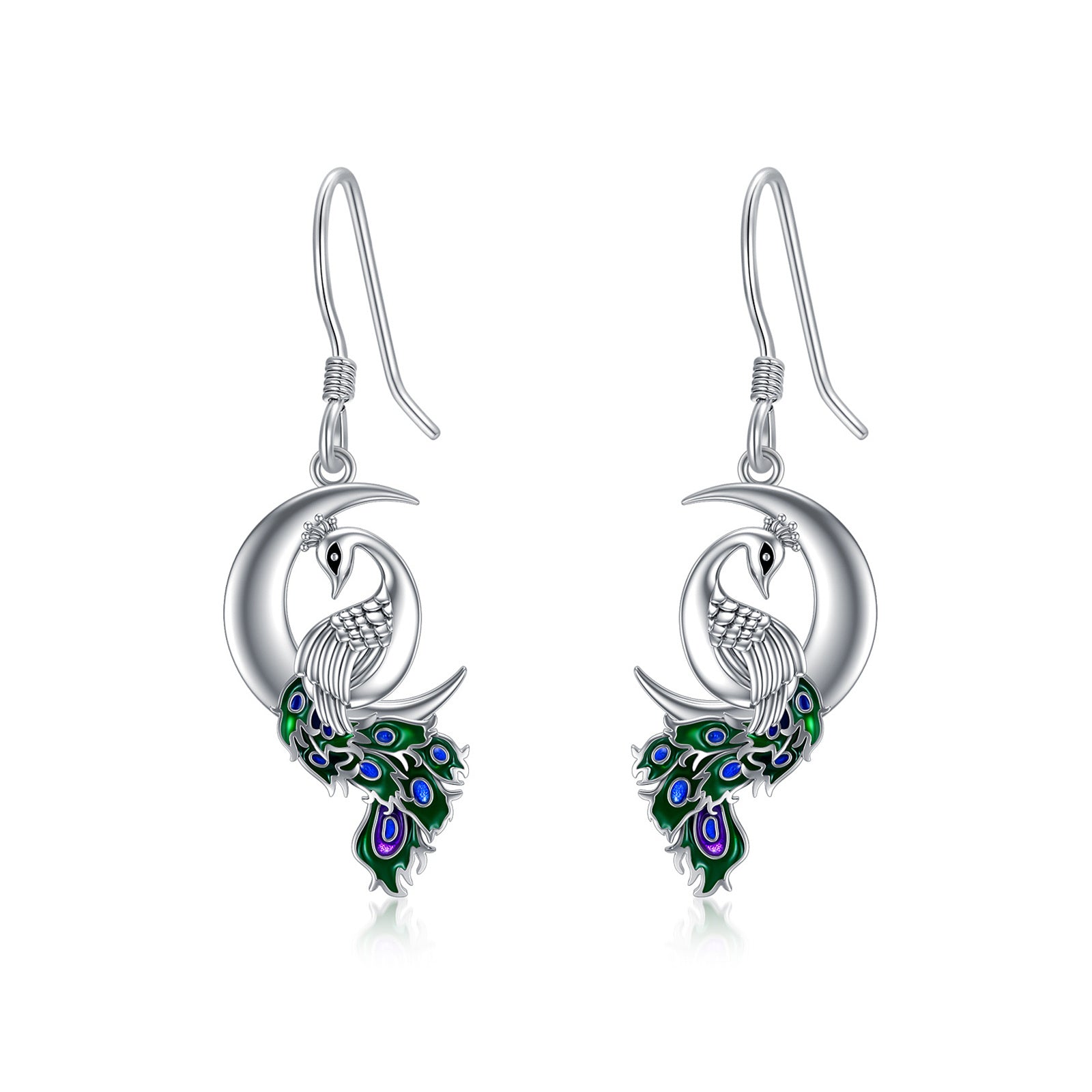Sterling Silver Peacock & Moon Drop Earrings