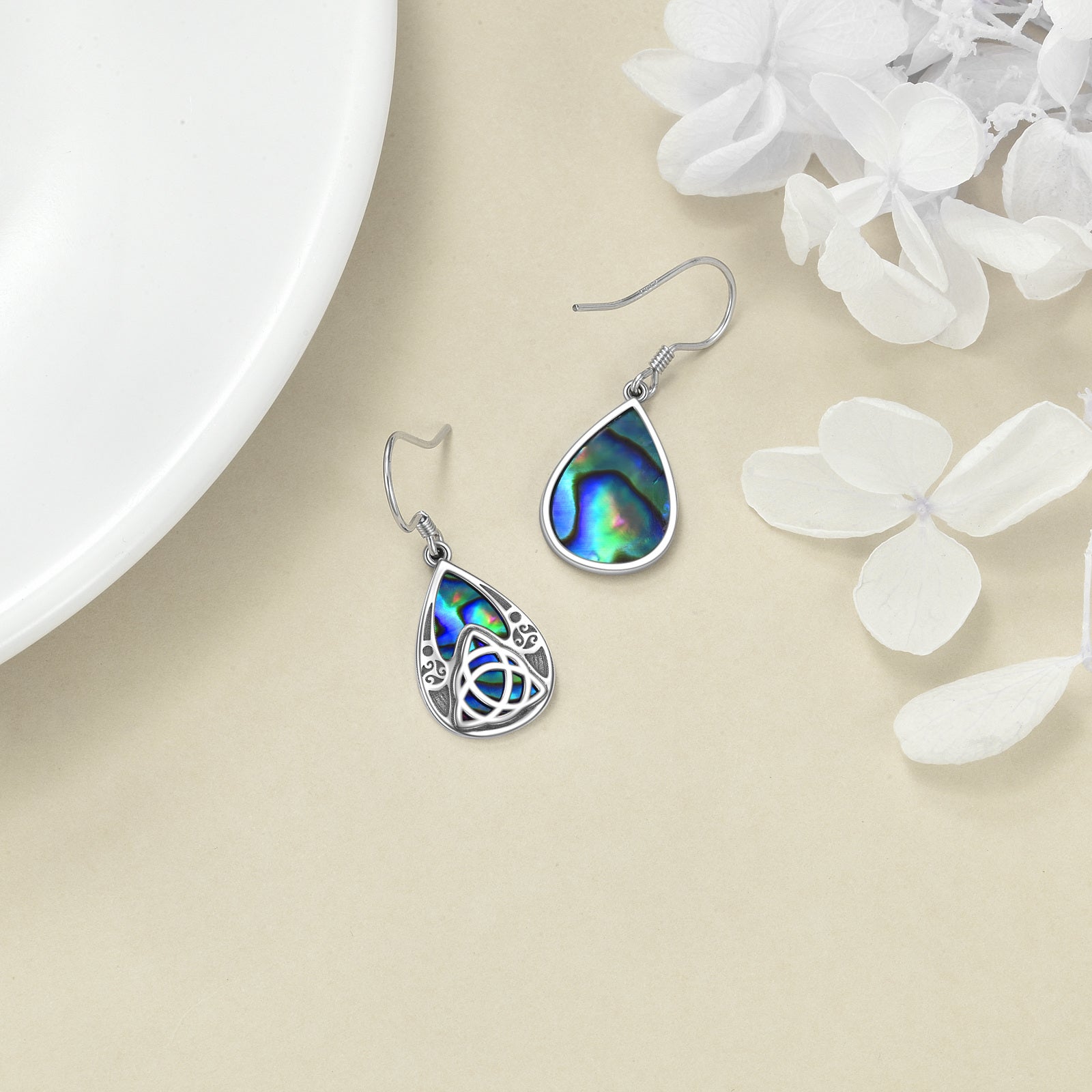 Sterling Silver Pear Shaped Abalone Shellfish Celtic Knot & Drop Shape Drop Earrings