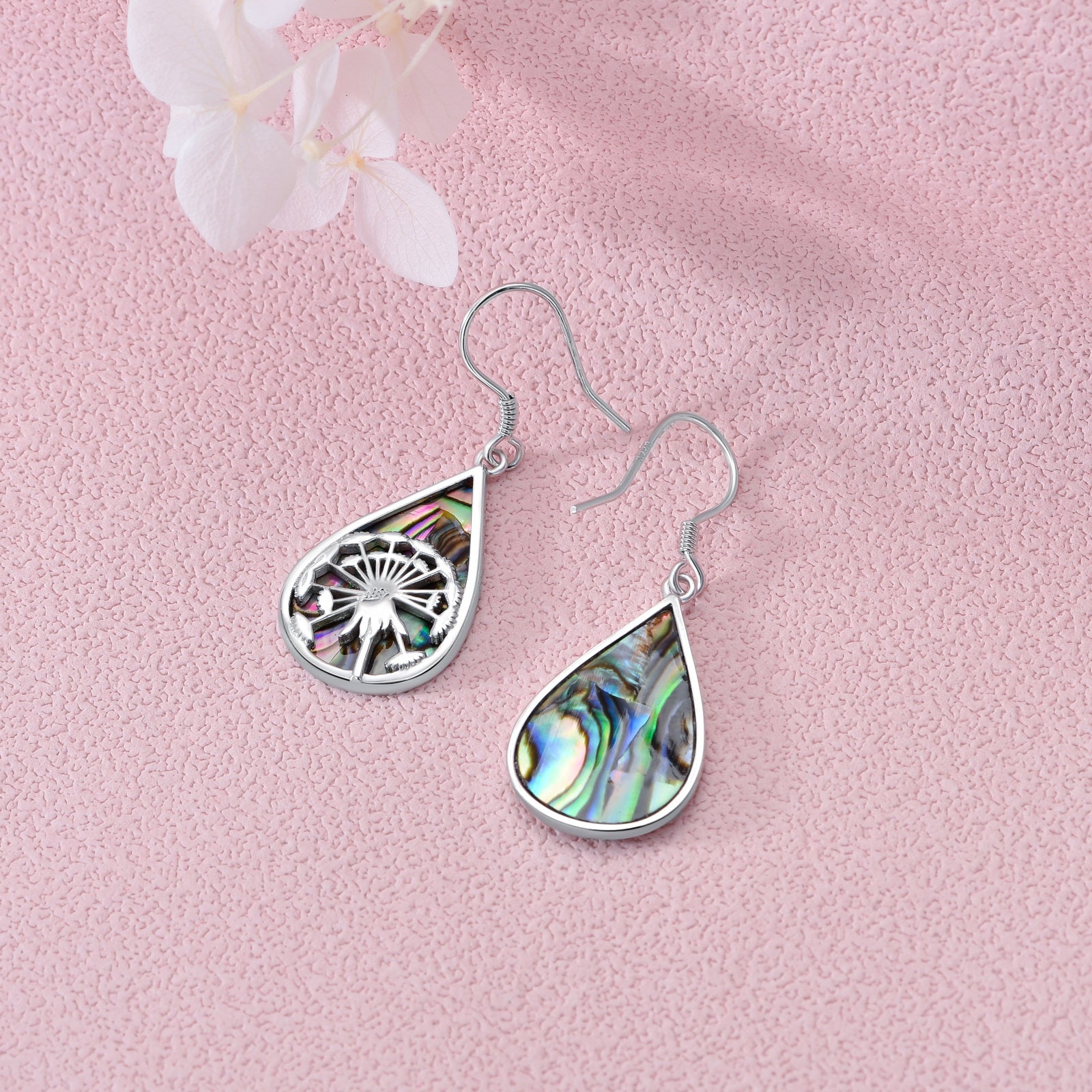 Sterling Silver Pear Abalone Shellfish Dandelion Drop Earrings For Women