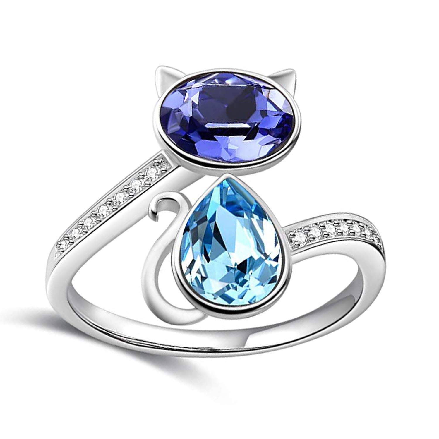 Sterling Silver Pear Shaped Crystal Cat Open Ring