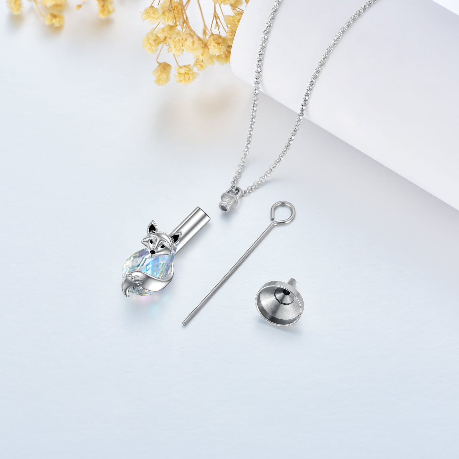 Sterling Silver Pear Shaped Crystal Fox & Drop Shape Urn Necklace for Ashes
