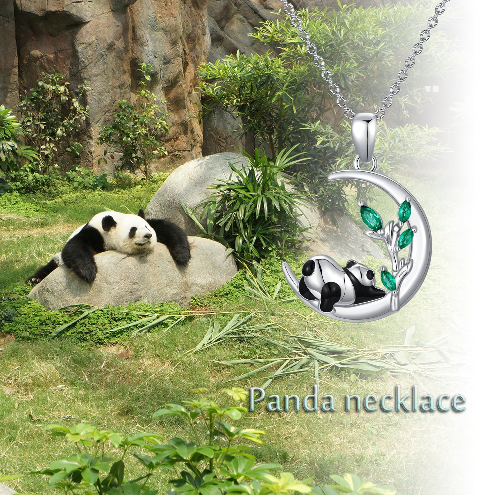 Sterling Silver Pear Shaped Crystal Panda & Moon Pendant Necklace