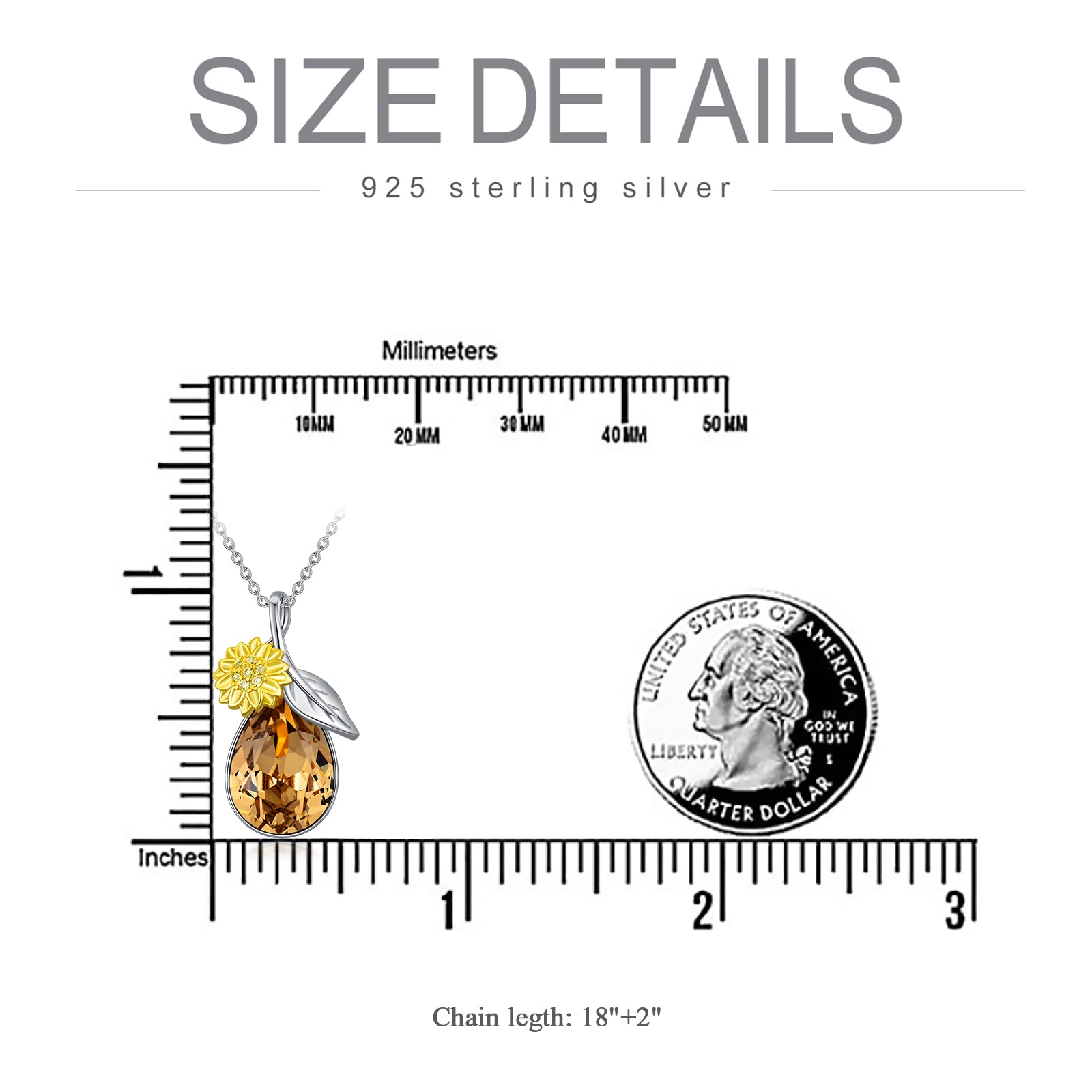 Sterling Silver Pear Shaped Crystal Sunflower Pendant Necklace