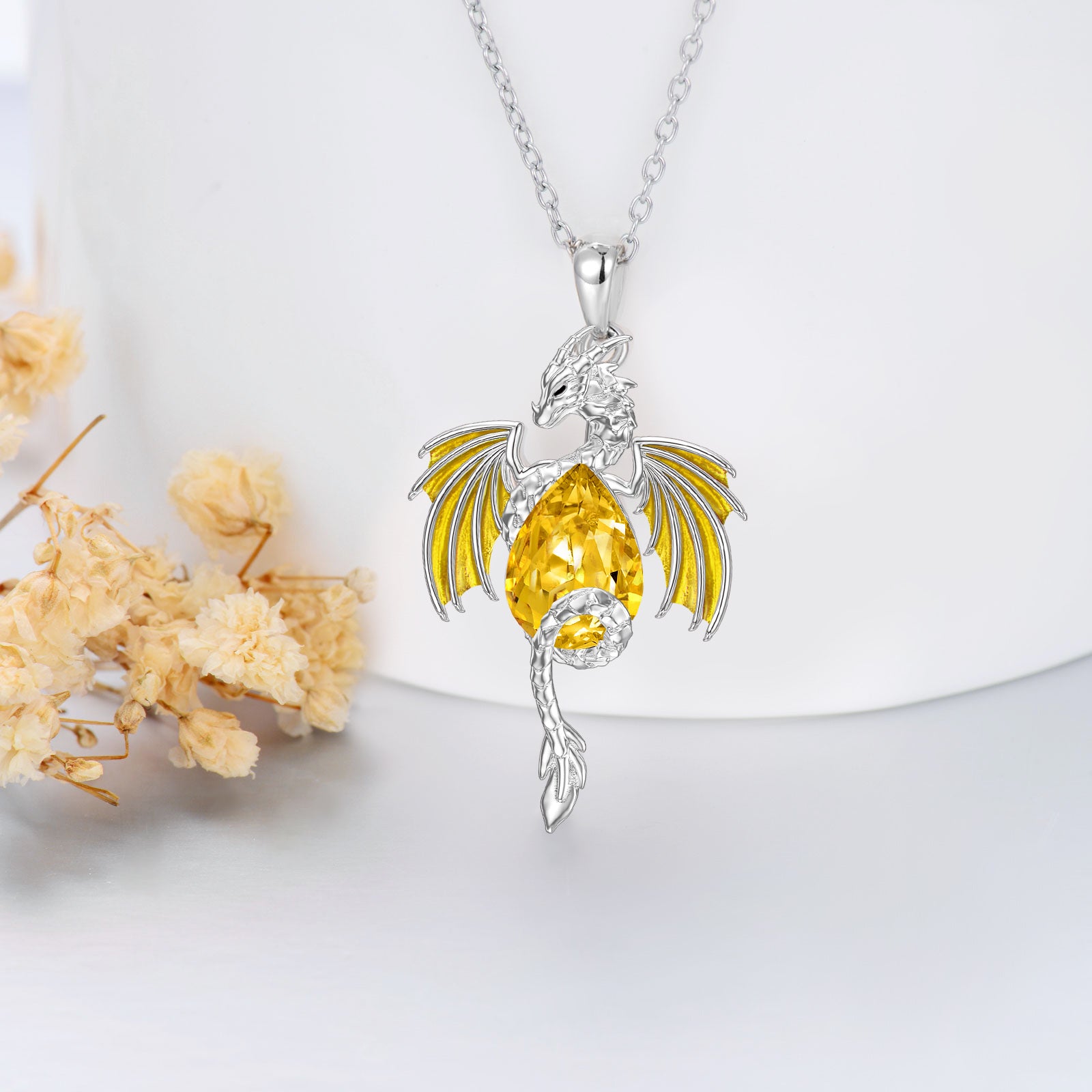 Sterling Silver Pear Shaped Ruby Dragon Crystal Pendant Necklace