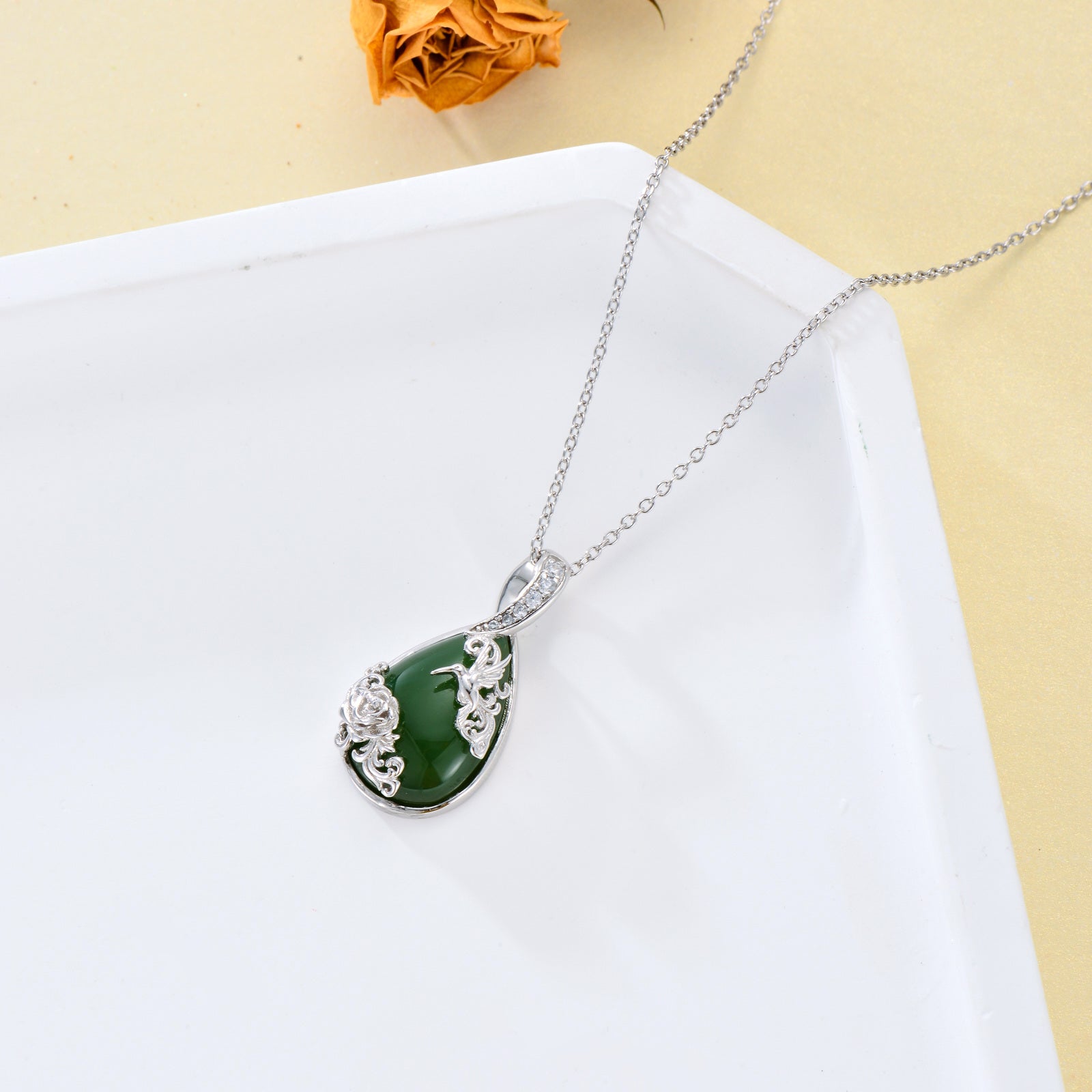 Sterling Silver Pear Shaped Jade Hummingbird & Rose Pendant Necklace